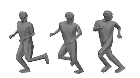 Low poly men runs looking back. Isolated on white background. 3d vector illustration.