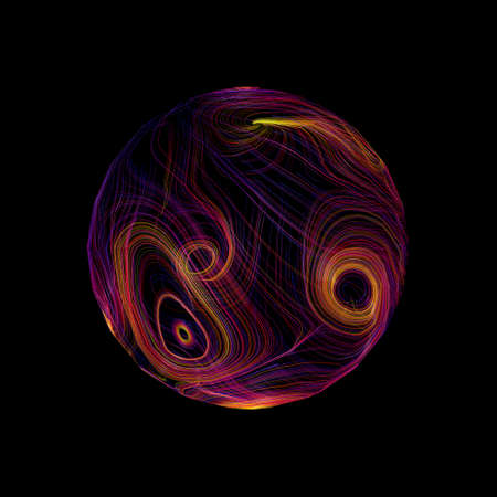 Abstract sphere of colorful curved lines. Isolated on black background. 3D rendering illustration.