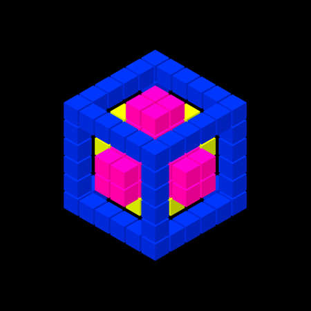 Abstract 3d cube from cubes. Isolated on black background. Vector illustration. Isometric projection. のイラスト素材