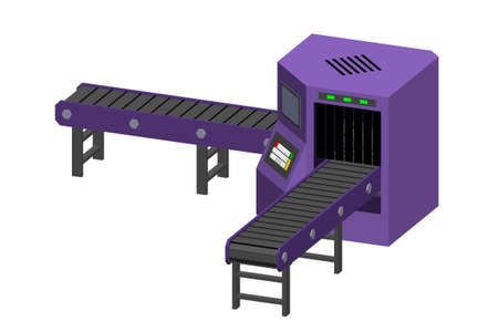 Empty conveyor belt with monitor. Isolated on white background. 3d Vector illustration. Dimetric...