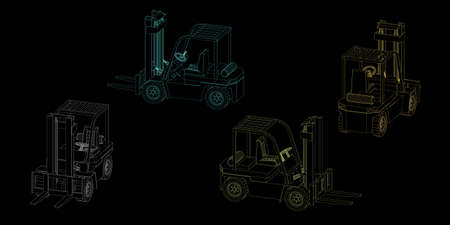 Forklift truck. Isolated on black background. Vector outline illustration. Dimetric projection. Different viewes.のイラスト素材