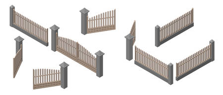 Set of fences and gates. Isolated on white background. 3d Vector illustration. Isometric projection.のイラスト素材
