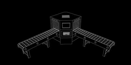 Empty conveyor belt with monitor. Vector outline illustration. Front view.