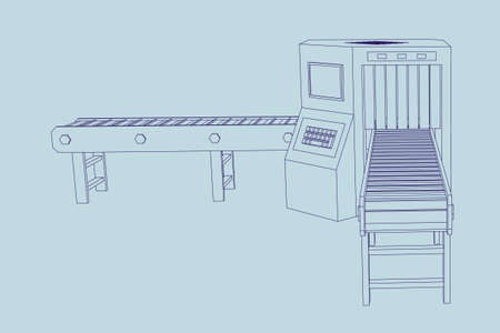 Empty conveyor belt with monitor. Vector outline illustration.