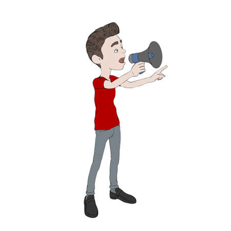 Cartoon character boy speaks with a megaphone. Vector outline illustration.のイラスト素材