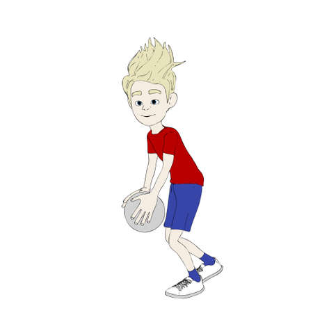 Cartoon character boy with ball. Football player. Vector outline illustration.のイラスト素材