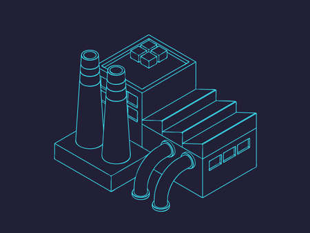 Industrial factory building. 3d Vector outline illustration. Isometric projection.のイラスト素材