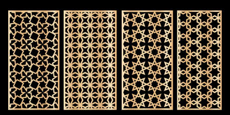 Cutout silhouette panels set with ornamental geometric arabic pattern. Template for printing, laser cutting stencil, engraving. Vector illustration. Isolated on black background.のイラスト素材
