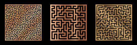 Cutout silhouette squre panel set with maze ornament. Template for printing, laser cutting stencil,...