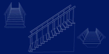 Staircase with railing. 3d Vector outline illustration. Different viewes.のイラスト素材