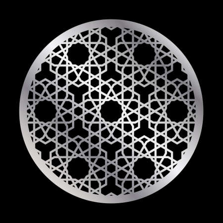 Cutout silhouette panel with ornamental geometric arabic pattern in form of circle. Template for printing, laser cutting stencil, engraving. Vector illustration.のイラスト素材