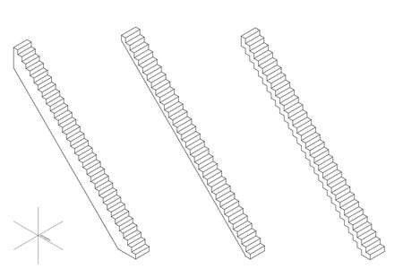 Stairway set. 3d Vector outline illustration. Isometric projection. Isolated on white background. のイラスト素材