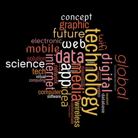Technology word cloud. Innovative concept. Collage made of words. Vector colorful illustration. Isolated on black background.のイラスト素材