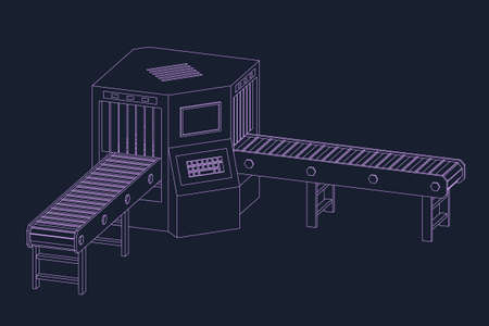 Empty conveyor belt with monitor. Vector outline illustration. Dimetric projection. 