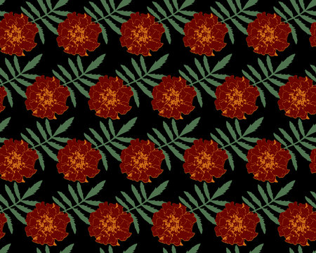 Seamless pattern with brown Tagetes patula (French marigold) flowers and green leaves on black background. Endless colorful floral texture. vector illustration.のイラスト素材