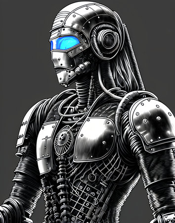 Biomechanical Cyborg with glowing blue eyes, close up. digital illustration. Generative AI.の素材