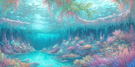 underwater landscape. Aquatic background. digital illustration. Generative AI.の素材