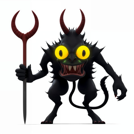 Monster with horns and big yellow eyes and tail holding a trident. isolated on white background. Generative AI.の素材
