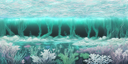 underwater landscape. Aquatic background. digital illustration. Generative AI.の素材