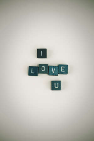 words I love you written with wooden tiles on an isolated background.の写真素材