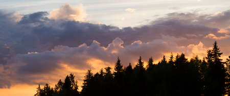 Dreamy soft light Sunset landscape with Clouds, yellow orange glow and silver lining.の写真素材