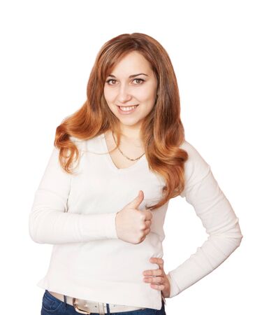 	Happy pretty girl thumbs up isolated on white background.の写真素材