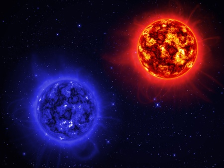 Two giant sun in space.の写真素材