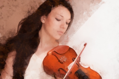  Portrait of a pretty young female playing the violin, drawn oil paints.の写真素材