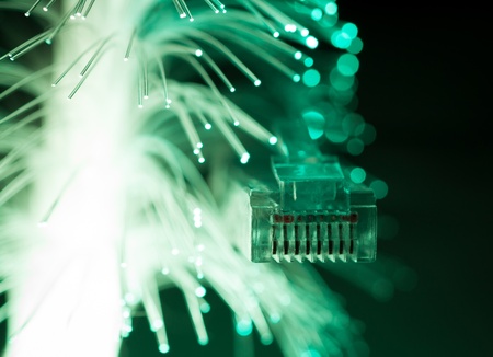 Network cables closeup with fiber optic  Shallow depth of field  Selective focus  