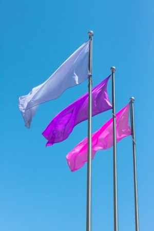  Blue, Purple and pink flags against blue sky  の写真素材