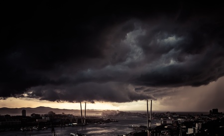 Vladivostok cityscape - storm over city  Toned image  の写真素材