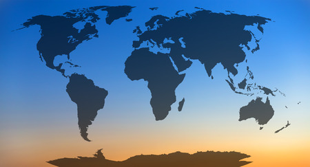   World map, continents in sunset sky background  の写真素材