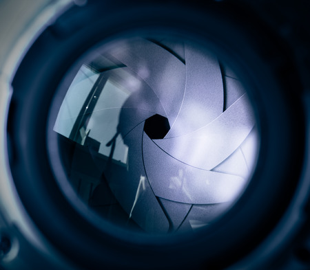   The diaphragm of a camera lens aperture  Selective focus with shallow depth of field  Color toned image  の写真素材
