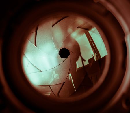   The diaphragm of a camera lens aperture  Selective focus with shallow depth of field  Color toned image  の写真素材