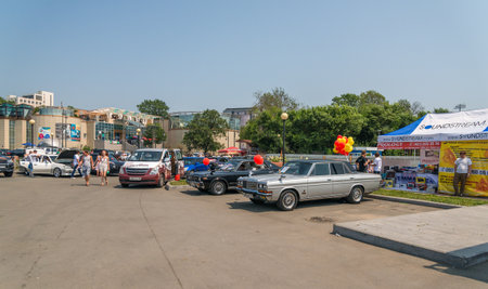 VLADIVOSTOK, RUSSIA - AUGUST 9, 2014: Car audio show on Batareinaya street in Vladivostok. The event is part of the program EMMA Russia Event.のeditorial素材