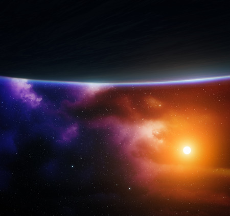 Blue planet with bright star and colorful nebula.