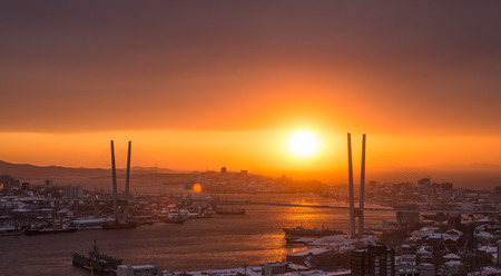 Vladivostok cityscape, sunset. Winter.の写真素材