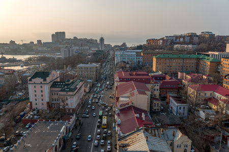 VLADIVOSTOK, RUSSIA - FEBRUARY 25, 2015: Svetlanskaya street view. Svetlanskaya Street is a major street in Vladivostok, Russia.のeditorial素材