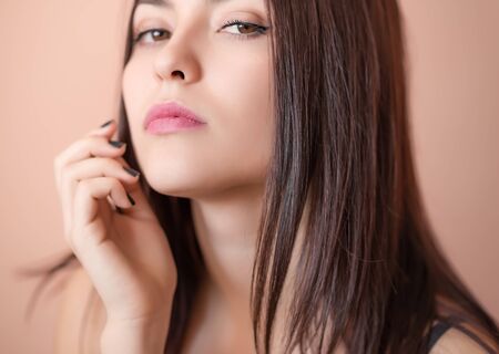 Beautiful female lips, close up. Selective focus.の写真素材