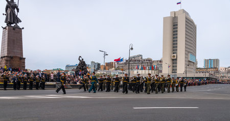 VLADIVOSTOK RUSSIA MAY September 2015: Military participate of the parade dedicated to the 70th anniversary of the victory in the Second World War in Svetlanskaya street.のeditorial素材