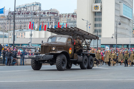 VLADIVOSTOK RUSSIA MAY September 2015: Katyusha rocket launcher participate of the parade dedicated to the 70th anniversary of the victory in the Second World War.のeditorial素材