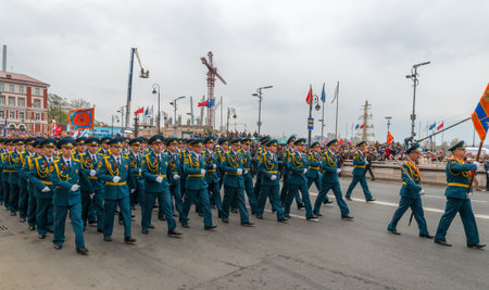 VLADIVOSTOK RUSSIA MAY September 2015: Military participate of the parade dedicated to the 70th anniversary of the victory in the Second World War in Svetlanskaya street.のeditorial素材