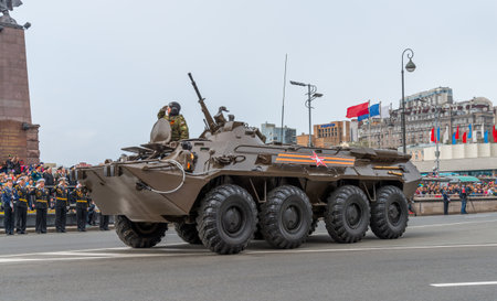 VLADIVOSTOK RUSSIA MAY September 2015: Military participate of the parade dedicated to the 70th anniversary of the victory in the Second World War in Svetlanskaya street.のeditorial素材