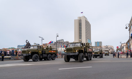 VLADIVOSTOK RUSSIA MAY September 2015: Military participate of the parade dedicated to the 70th anniversary of the victory in the Second World War in Svetlanskaya street.のeditorial素材