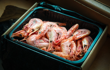 Frozen shrimp in package. Selective focus.の写真素材