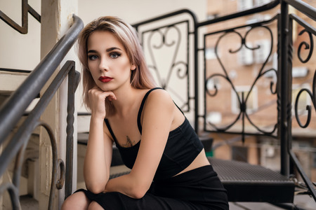 Portrait of beautiful blonde. Vintage color tone.の写真素材