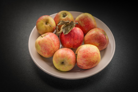 Apples at the plate on gray background. Selective focus with shallow depth of field.の写真素材