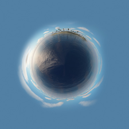 Little planet with palm trees, sea and tropical island. 3D Rendering.
