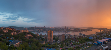 Vladivostok cityscape, sunset view. Panorama from east to west.の写真素材