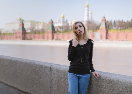 Portrait of beautiful sensual woman with blue eyes.の写真素材